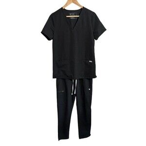 FIGS Womens Scrub Set S Black Yola Skinny Pants Short Sleeve V Neck Top